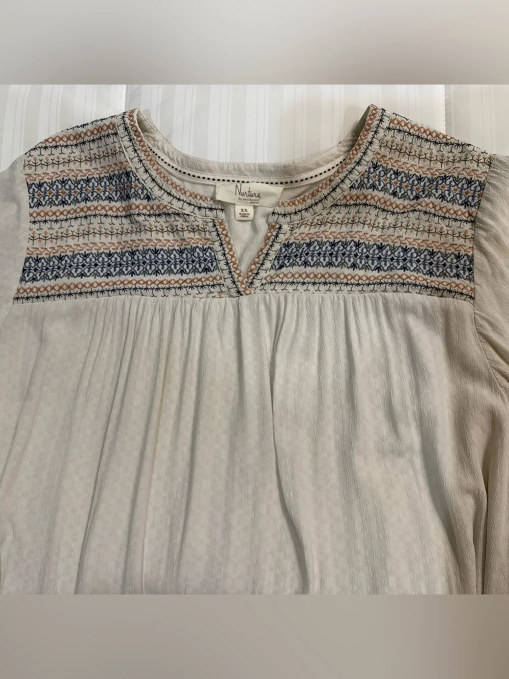 Nurture by Westbound Beige Boho Embroidered Yoke Top Size 2X